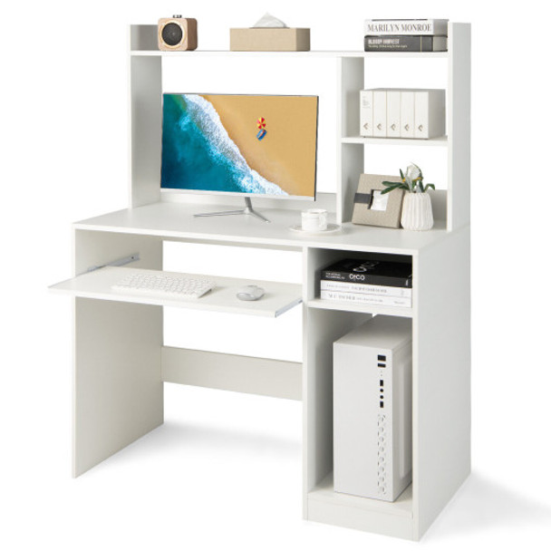 Home Office Computer Desk with Bookcase Keyboard Tray and CPU Stand-White