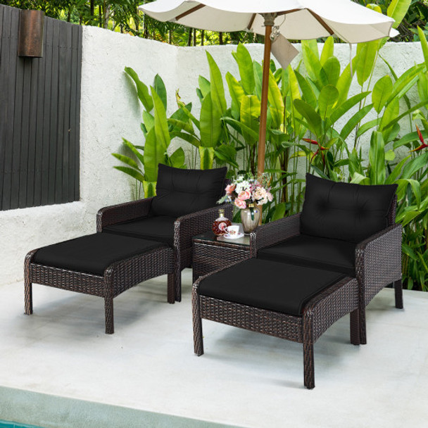 5 Pieces Patio Rattan Sofa Ottoman Furniture Set with Cushions-Black