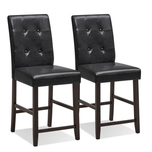 Set of 2 Bar Stools with Rubber Wood Legs and Button-Tufted Back