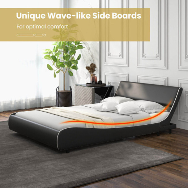 Upholstered Platform Bed Frame Low Profile Faux Leather with Curved Headboard-Full Size