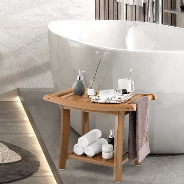 Waterproof Bath Stool with Curved Seat and Storage Shelf-Brown