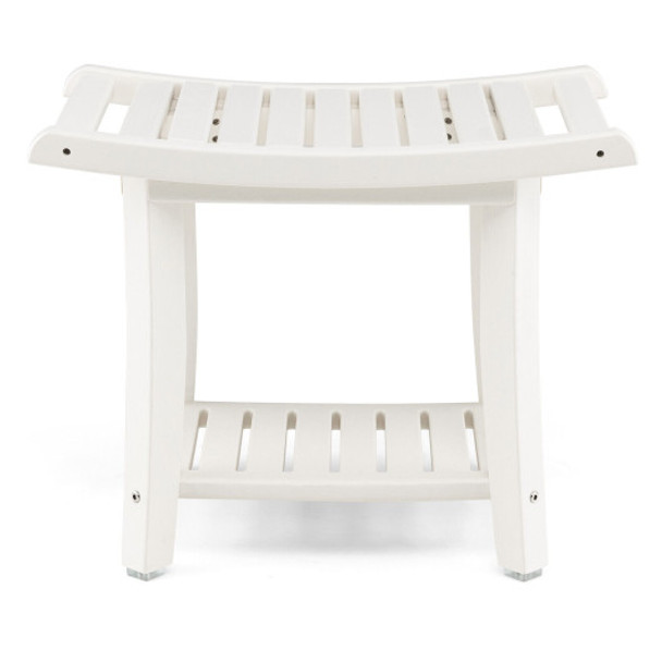 Waterproof Bath Stool with Curved Seat and Storage Shelf-White