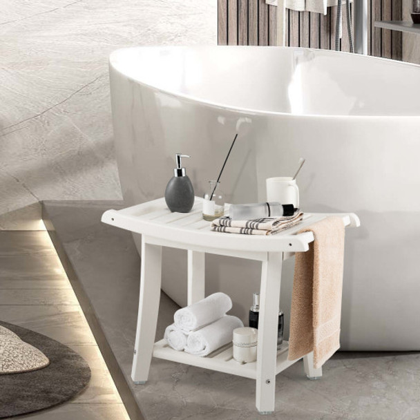 Waterproof Bath Stool with Curved Seat and Storage Shelf-White