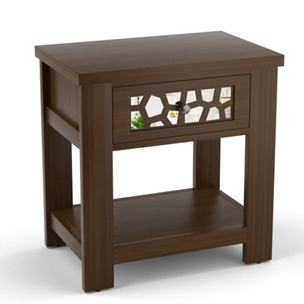 Wood Retro End Table with Mirrored Glass Drawer and Open Storage Shelf-Brown