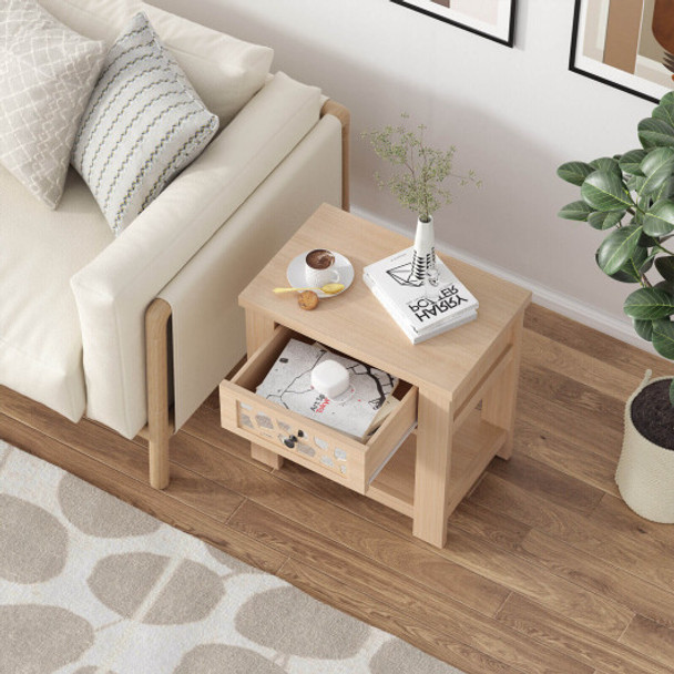 Wood Retro End Table with Mirrored Glass Drawer and Open Storage Shelf-Natural