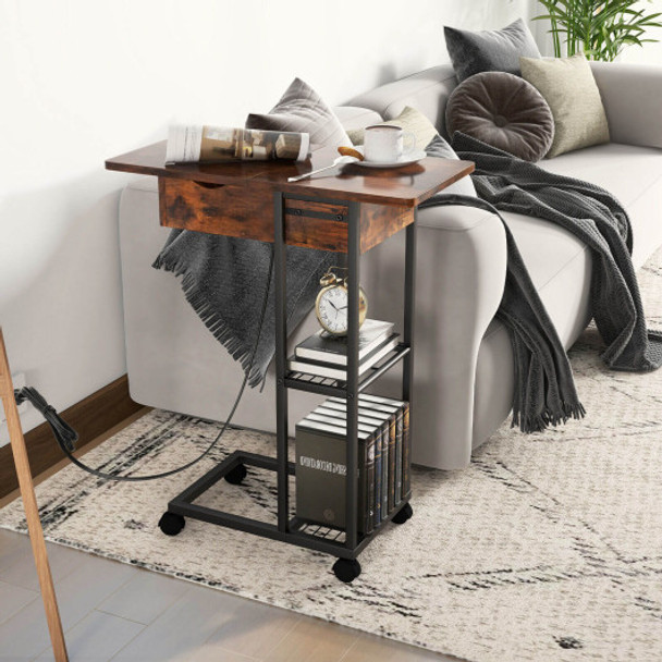 C-Shaped End Side Table with Charging Station and Wheels-Rustic Brown