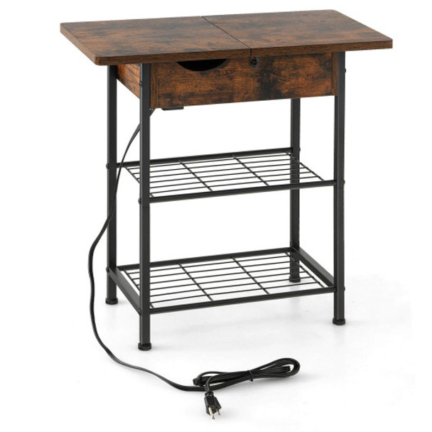 Side End Table with Charging Station Flip-Up Top for Living Room-Rustic Brown