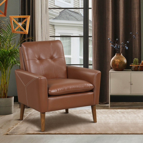 Modern PU Leather Accent Chair with Solid Wood Legs-Brown