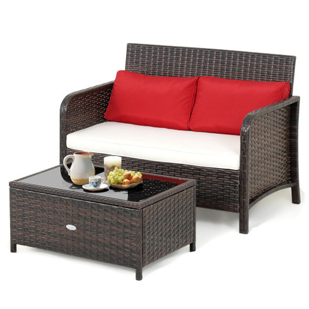 2 Pieces Wicker Loveseat Set with Coffee Table