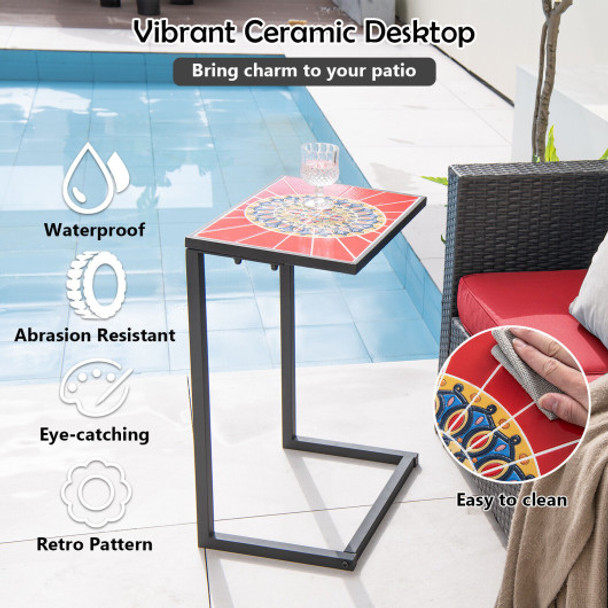 C-shaped Waterproof Outdoor Side End Table with Ceramic Top