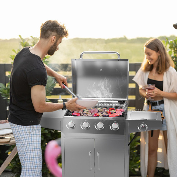 50000BTU 5-Burner Propane Gas Grill with Side Burner and 2 Prep Tables-Silver