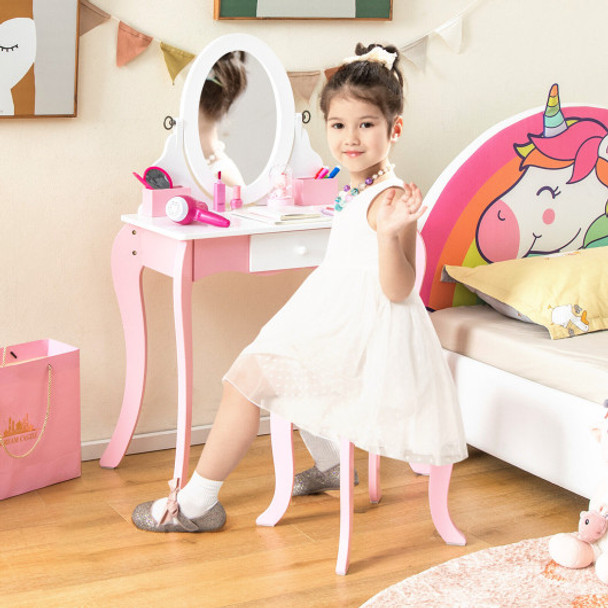Pretend Kids Vanity Set with 360 Rotatable Mirror and Play Accessories
