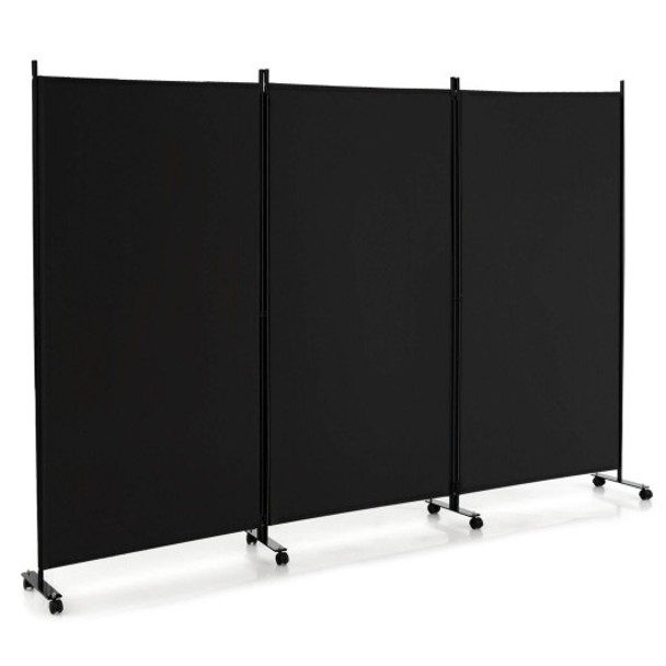 3 Panel Folding Room Divider with Lockable Wheels-Black