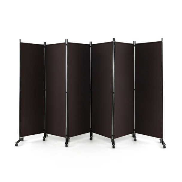 6 Panel 5.7 Feet Tall Rolling Room Divider on Wheels-Brown