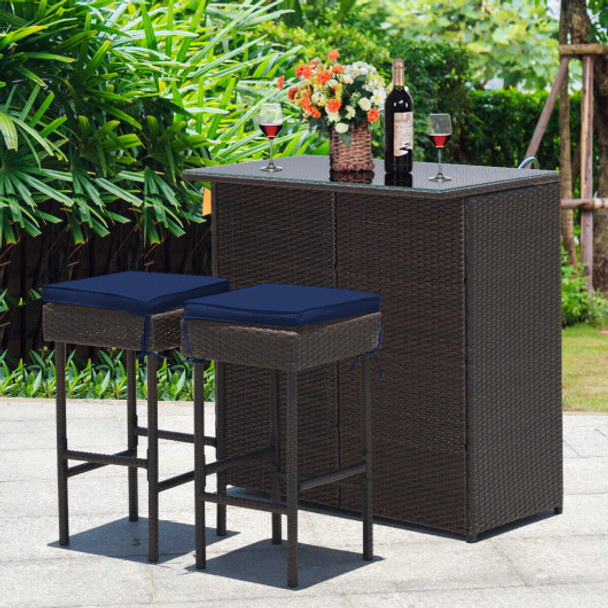 3 Pieces Patio Rattan Wicker Bar Table Stools Dining Set-Navy & Off White