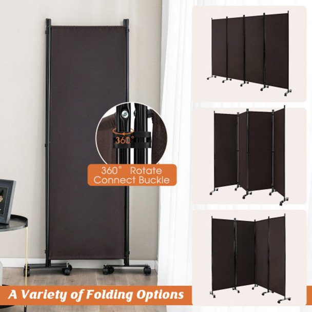 4-Panel Folding Room Divider 6 Feet Rolling Privacy Screen with Lockable Wheels-Brown