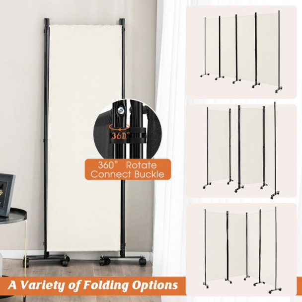 4-Panel Folding Room Divider 6 Feet Rolling Privacy Screen with Lockable Wheels-White