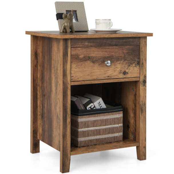 Wooden Nightstand with Slide-out Drawer and Open Shelf-Rustic Brown