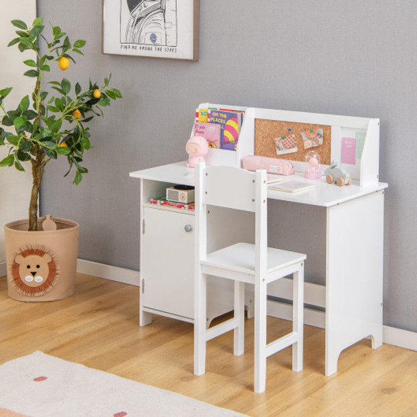 Wooden Kids Study Desk and Chair Set with Storage Cabinet and Bulletin Board-White