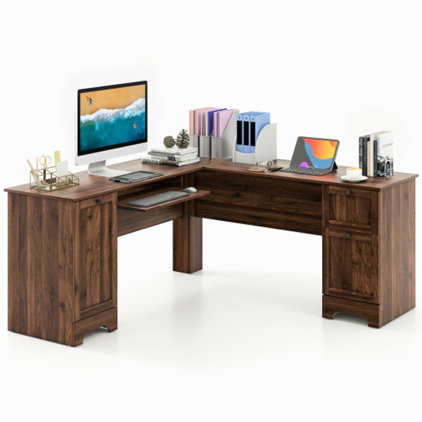 L-Shaped Office Desk with Storage Drawers and Keyboard Tray-Walnut