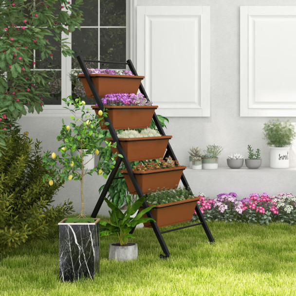 5-Tier Vertical Raised Garden Bed with Wheels and Container Boxes-Brown