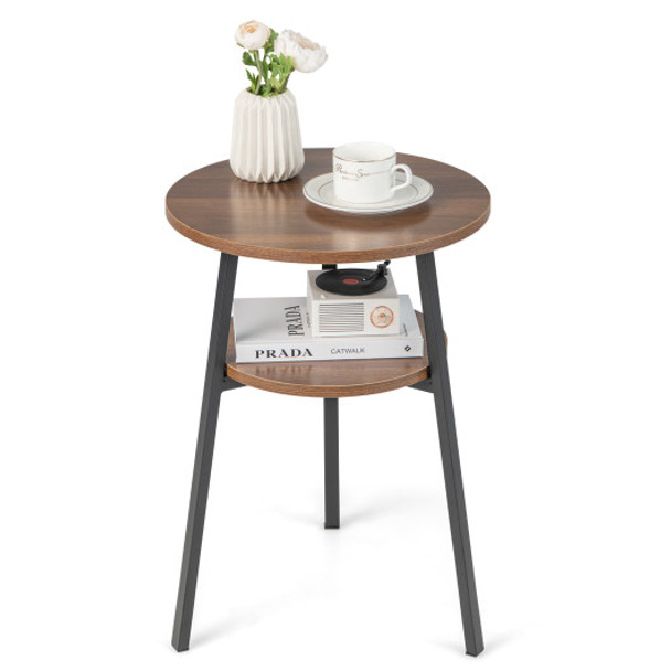 2-Tier Round End Table with Open Shelf and Triangular Metal Frame-Walnut
