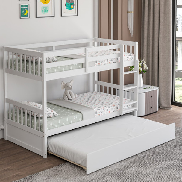 Twin Over Twin Bunk Bed with Pull-out Trundle and Ladder-White