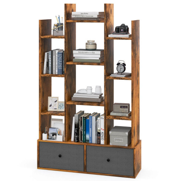 12-Tier Open-Back Freestanding Bookshelf with Drawer-Rustic Brown