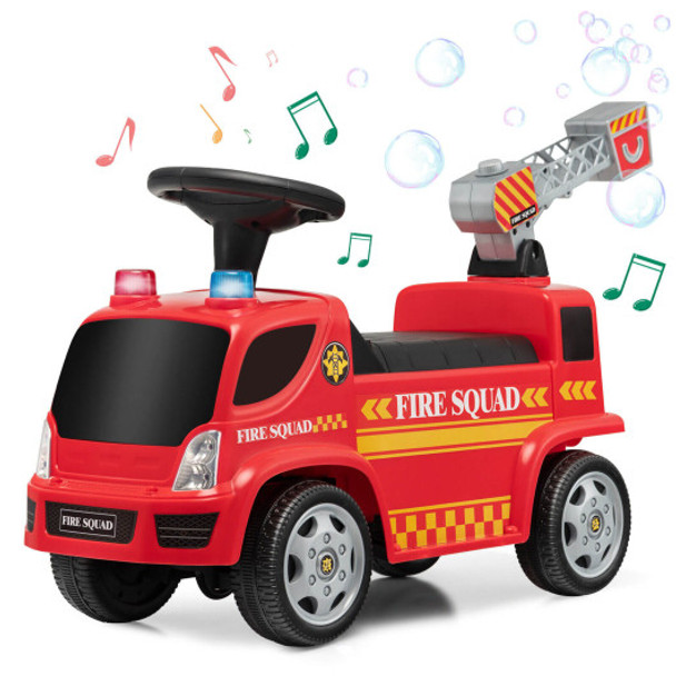 Kids Push Ride On Fire Truck with Ladder Bubble Maker and Headlights-Red