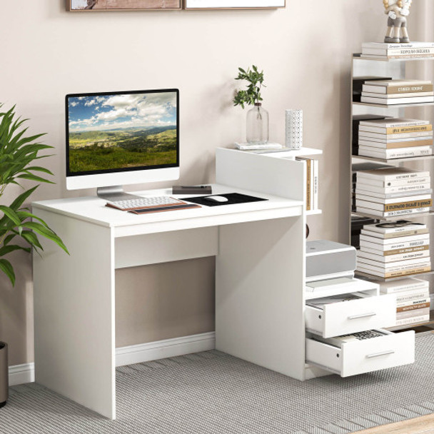 Computer Desk Home Office with Bookshelf and Drawers-White