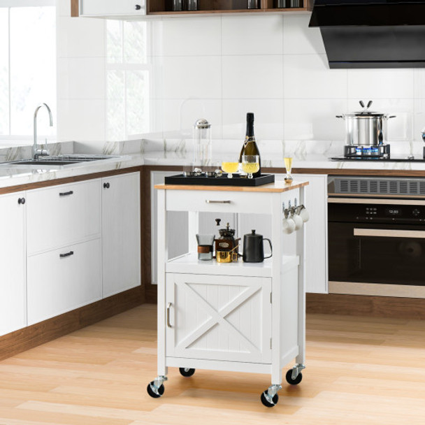 Rolling Kitchen Island Cart with Drawer and Side Hooks-White