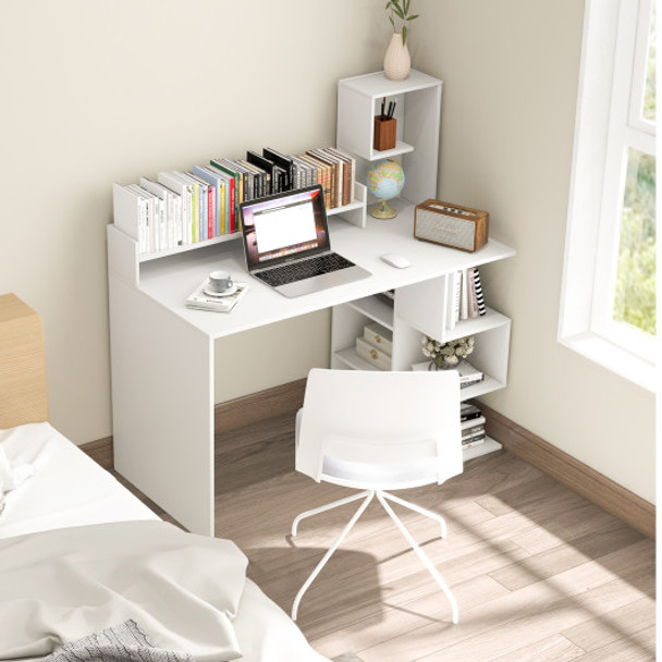 Modern Computer Desk with Storage Bookshelf and Hutch for Home Office-White