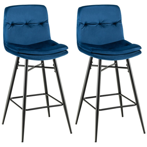 2 Pieces 29 Inch Velvet Bar Stools Set with Tufted Back and Footrests-Blue