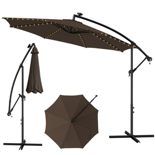 10 Feet Patio Offset Umbrella with 112 Solar-Powered LED Lights-Beige-Coffee