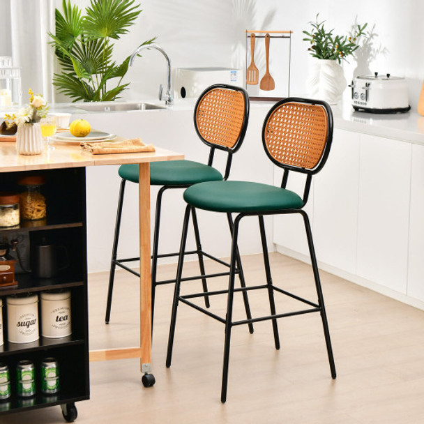 29.5 Inch Modern Faux Leather Bar Stools with Imitation Rattan Woven Backrest-Green