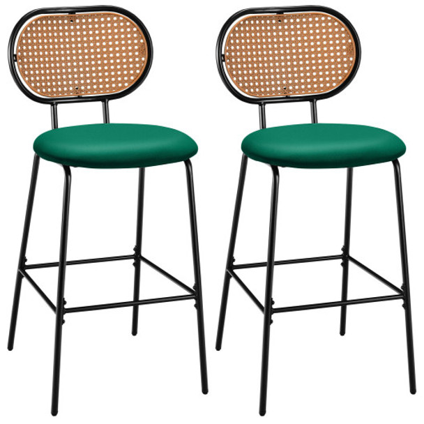 29.5 Inch Modern Faux Leather Bar Stools with Imitation Rattan Woven Backrest-Green