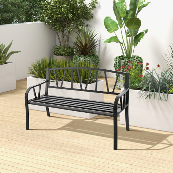 Patio Garden Bench with Rustproof Metal Frame and Slatted Seat-Black