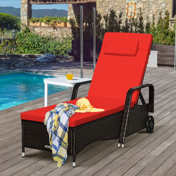 Outdoor Recliner Cushioned Chaise Lounge with Adjustable Backrest-Red & White