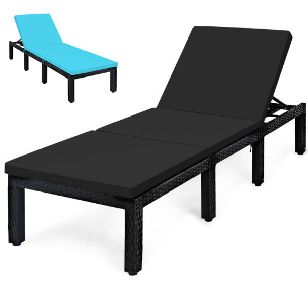 Patio Rattan Height Adjustable Lounge Chair with 2 Set of Cushion Cover-Black & Turquoise