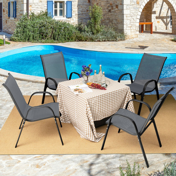 4 Pieces Stackable Patio Dining Chairs Set with Armrest-Gray