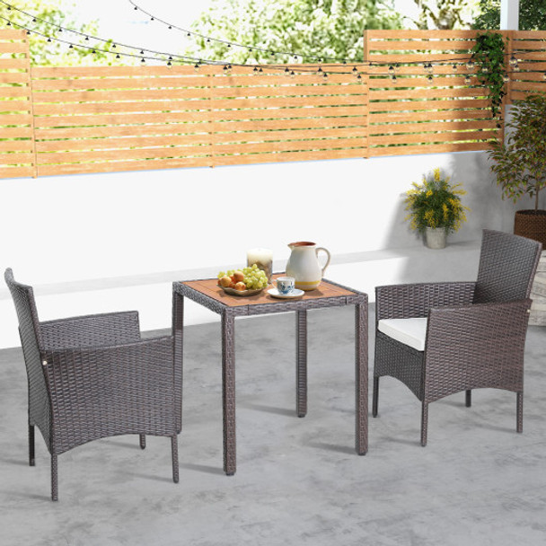 3 Pieces Patio Wicker Furniture Set wih Acacia Wood Table Top and Chair Cushiones