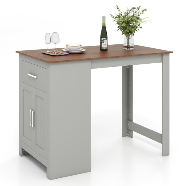 Counter Height Bar Table with Storage Cabinet and Drawer-Gray