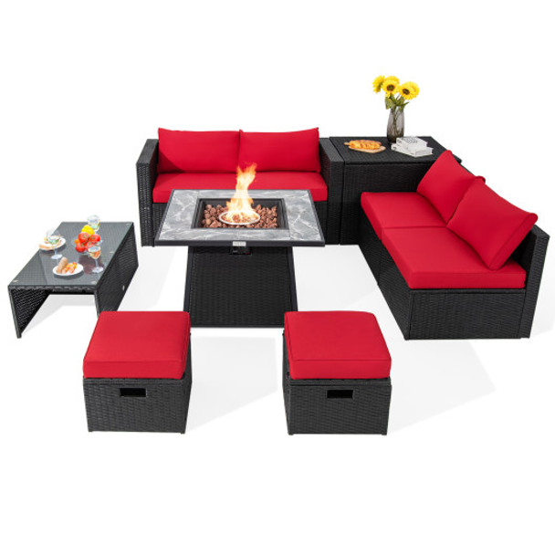 9 Pieces Outdoor Wicker Sectional with 35 Inch Gas Fire Pit Table-Red