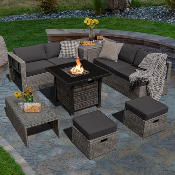 9 Pieces Outdoor Patio Furniture Set with 32-Inch Propane Fire Pit Table-Gray