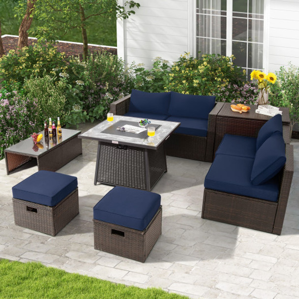 9 Pieces Patio PE Wicker Sectional Set with 50000 BTU Fire Pit Table-Navy