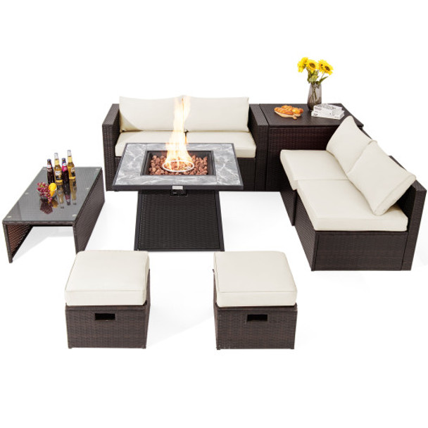 9 Pieces Patio PE Wicker Sectional Set with 50000 BTU Fire Pit Table-Off White