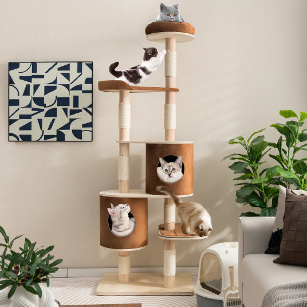 6-Tier Wooden Cat Tree with 2 Removeable Condos Platforms and Perch-Brown