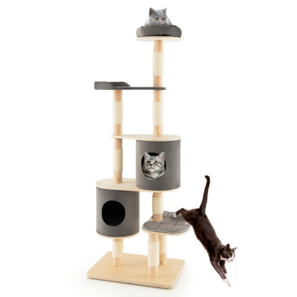 6-Tier Wooden Cat Tree with 2 Removeable Condos Platforms and Perch-Gray