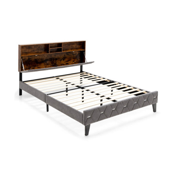 Full Size Upholstered Bed Frame with Storage Headboard-Full Size