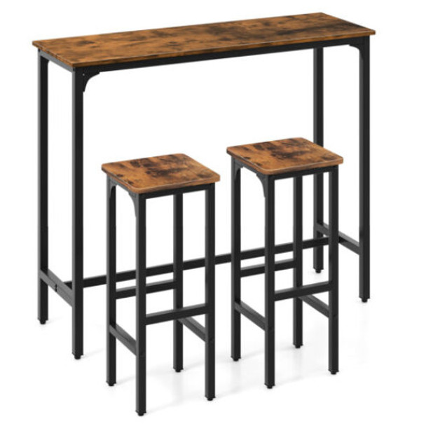 3 Pieces Industrial Bar Table and Chairs Set with Metal Frame-Rustic Brown